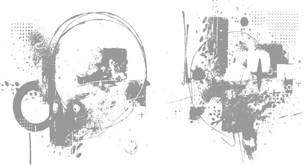 Obraz premium Abstract grey paint splatters and distressed textures with circular and linear on white background