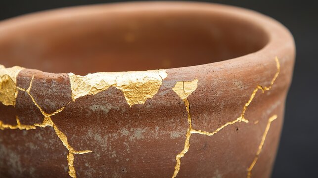kintsugi. Broken terracotta pot repaired with golden kintsugi patterns on a minimalist background. event programs, museum guides, designed for cultural heritage projects and event programs.