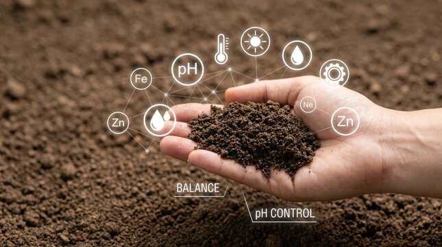 Hand holding soil with ph balance and control icons for agriculture and gardening