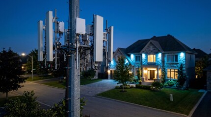 Obraz premium Modern 5G cellular network transmitter equipment mounted securely on a tall metal pole stands in a quiet suburban neighborhood background.