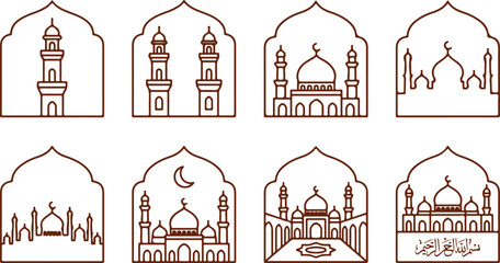 Mosque silhouette icons set Islamic architecture domes minarets crescent moon arabic calligraphy. © Sadhin