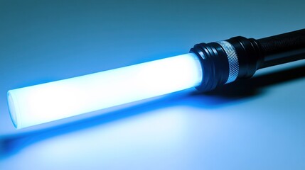 Naklejka premium sterilization. Handheld UV sanitizing light device emitting a soft blue glow on a surface. product launch decks, UI/UX mockups, designed for data visualization dashboards and holographic UIs.