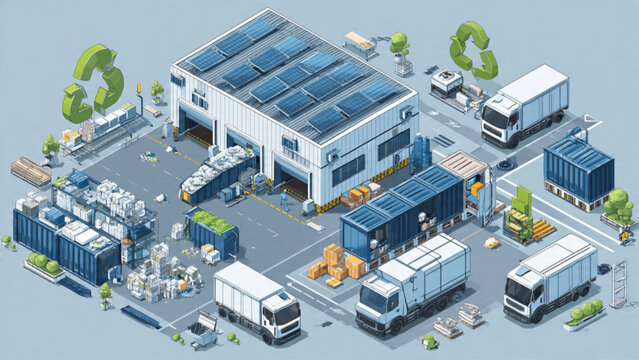 Modern warehouse with solar panels and delivery trucks in an industrial setting emphasizing sustainable logistics