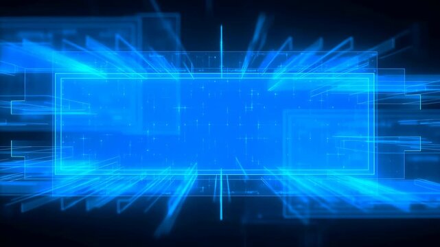 Futuristic blue glowing digital frame with light rays motion graphic