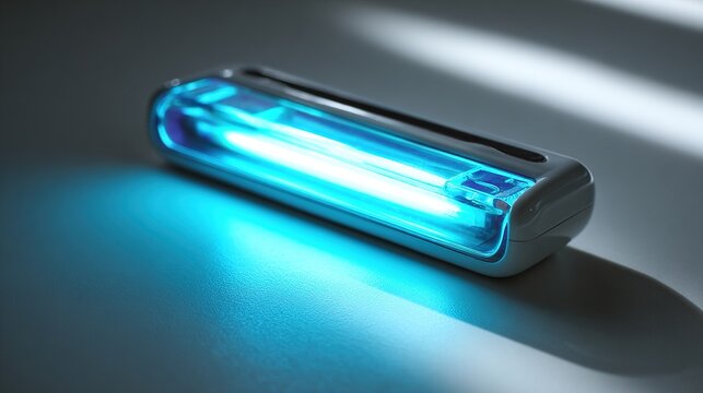 sterilization. Handheld UV sanitizing light device emitting a soft blue glow on a surface. product launch decks, UI/UX mockups, designed for data visualization dashboards and holographic UIs.