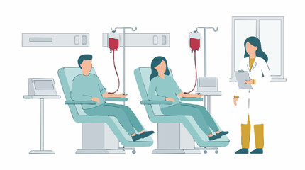 Fototapeta premium Illustration of blood donation or intravenous therapy with patients and doctor