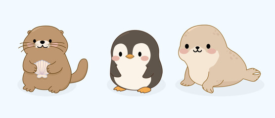 Adorable kawaii cartoon illustration set featuring a cute otter holding a shell, baby penguin and fluffy seal pup on soft light blue background. Gentle pastel tones with sweet facial expressions and © Soelma