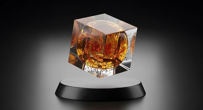 A captivating ctc tea infusion suspended in a clear glass cube on a dark display stand representing premium quality brewing and artisanal tea craftsmanship