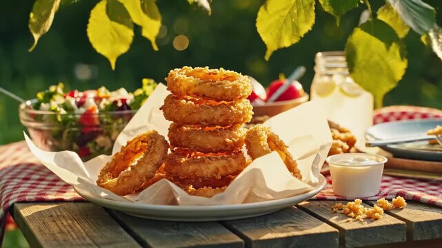 Stacked crispy onion rings on an outdoor picnic table with leafy sunlight, paper liner and white dip cup, golden battered snack scene for bright summer garden appetizer and casual lunch concept