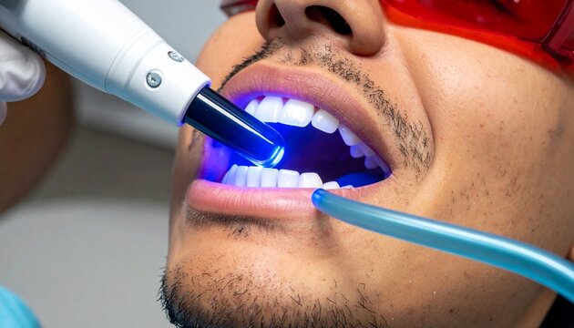 Dentist using curing light to harden composite filling in patient's tooth during dental procedure