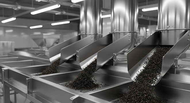 Industrial ctc tea processing machine line with metal chutes dispensing processed granular black tea leaves in a clean automated modern factory setting