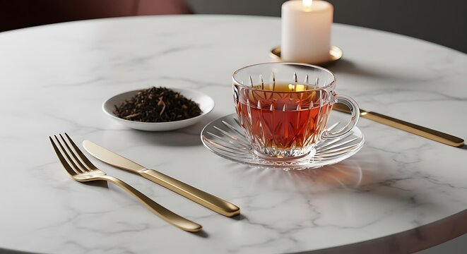 A cup of ctc tea served in an elegant crystal glass with loose tea leaves and golden cutlery on a luxurious white marble table for a sophisticated break