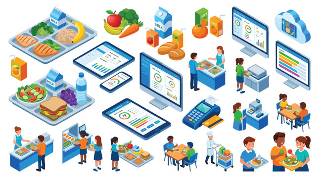 Isometric School Cafeteria and Digital Food Management System Icons Set.