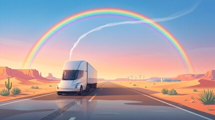 Fototapeta premium Panoramic vector illustration of a modern electric semi-truck driving on a desert highway under a rainbow, symbolizing zero-emission green logistics and renewable energy.