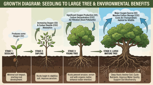 Illustration depicting the growth stages of a tree from seedling to mature tree and its environmental benefits