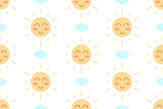 Happy Sun and Blue Cloud Seamless Pattern Background. Cute Summer Weather. Vector Illustration