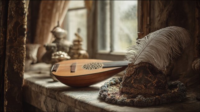 lute. An old lute and feathered hat on a stone windowsill with soft light. event programs, museum guides, designed for cultural heritage projects and event programs, elevates cultural identity.