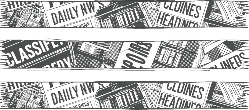 Repeating pattern of newspaper headlines and building facades in a monochromatic style classifieds daily