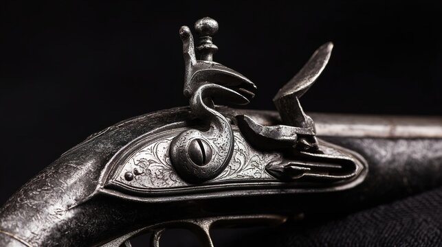 flintlock. Close-up detail of ornate flintlock pistol focusing on flint against frizzen. product launch decks, UI/UX mockups, designed for data visualization dashboards and holographic UIs.