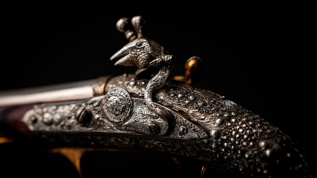 flintlock. Close-up detail of ornate flintlock pistol focusing on flint against frizzen. product launch decks, UI/UX mockups, designed for data visualization dashboards and holographic UIs.