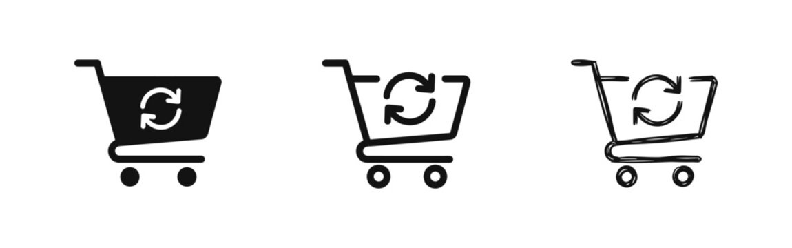 Shopping Cart with Sync Arrows Icon Set for E-commerce Reordering