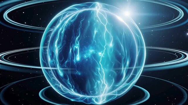Glowing blue planet, neon rings, space background, futuristic world, celestial body