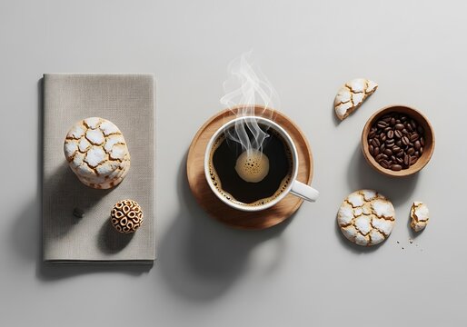 Top view of a cup of black coffee with cookies and coffee beans on a table. kaffe pause