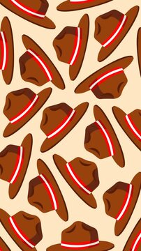 Animated footage featuring brown cowboy hats with red and white accents in a repeating pattern, celebrating Canada Day, national pride, western culture, festive events, and holiday spirit.