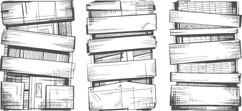 Three stacks of rough unfinished wooden planks with visible grain and texture timber lumber construction