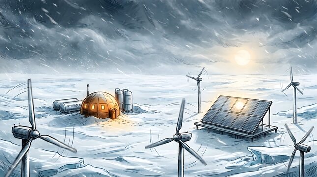 Editorial illustration of an off-grid Arctic research station powered by renewable solar, wind, and hydrogen energy during a winter blizzard