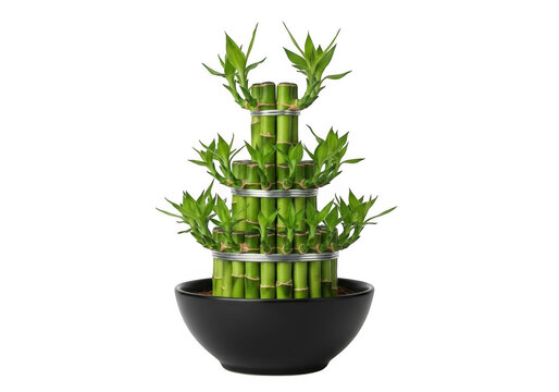 Lucky bamboo plant in a black ceramic bowl isolated on transparent background