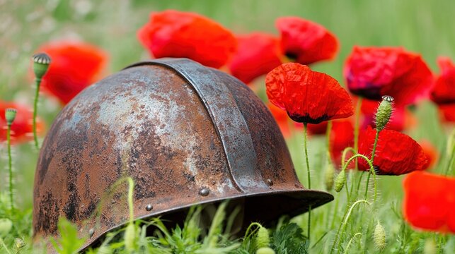 infamy. A rusted steel helmet among red poppies in a field. event programs, museum guides, cultural reports, designed for cultural heritage projects and event programs, used by retail merchandisers.