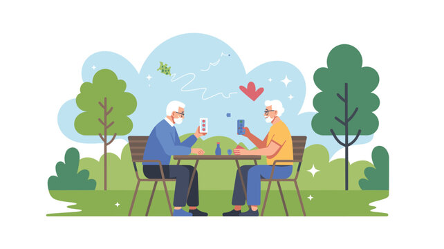 Two senior men play a recreational board game at a small table situated in a lush, peaceful public park under clear skies with soft natural lighting and trees.