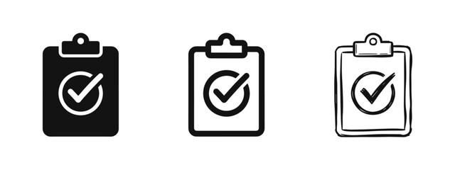 Checklist clipboard icon set in solid, outline, and sketch styles representing task completion and survey results © drawing lines