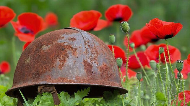 infamy. A rusted steel helmet among red poppies in a field. event programs, museum guides, cultural reports, designed for cultural heritage projects and event programs, used by retail merchandisers.