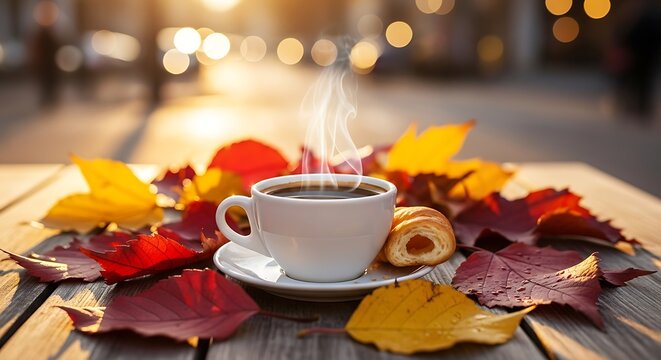 A cup of hot coffee with cookies surrounded by colorful autumn leaves on a wooden table. kaffe pause