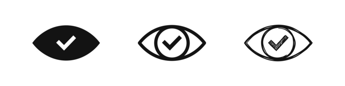Eye icon with checkmark in solid, outline, and sketch styles representing vision, visibility, and verified view