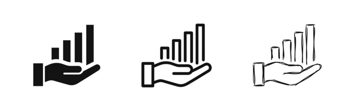 Hand holding growing bar graph business icon set