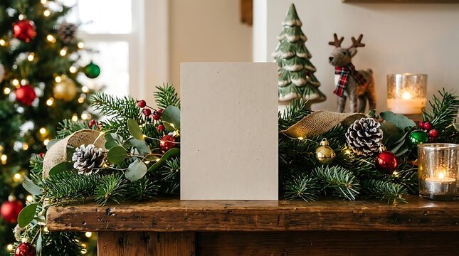 Blank Christmas card mockup on rustic wooden mantle with festive decor