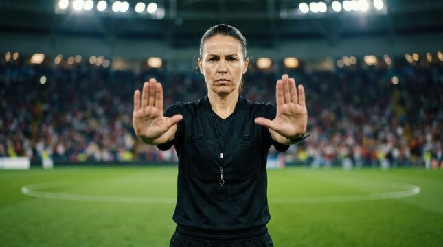 Female soccer referee signaling to stop play on a brightly lit stadium field with blurred crowd in background