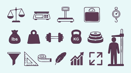 Fototapeta premium Measurement and Weight Line Icons Set: Scales, Weights, and Measuring Tools