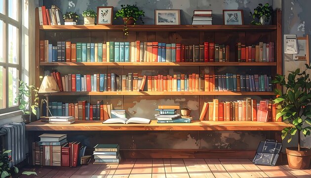 Cozy home library with bookshelves and plants.