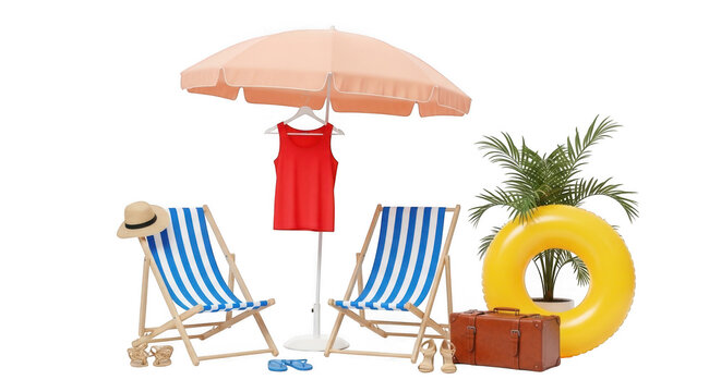 Summer vacation setup with beach chairs, umbrella, and accessories isolated on transparent background