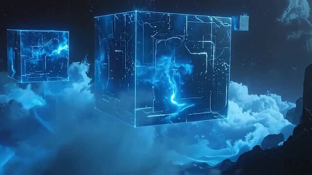 Glowing blue cubes float above a dark and misty mountain range