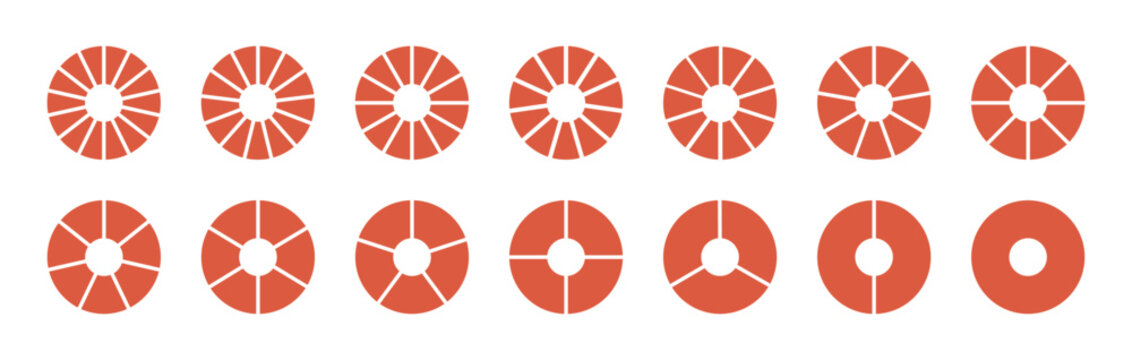 Circle division on 1, 2, 3, 4, 5, 6, 7, 8, 9, 10, 11, 12, 13, 14 equal parts. Segmented red pinwheels. Life wheel divided diagrams with segments. Blank infographic progress icon. Coaching round tool.