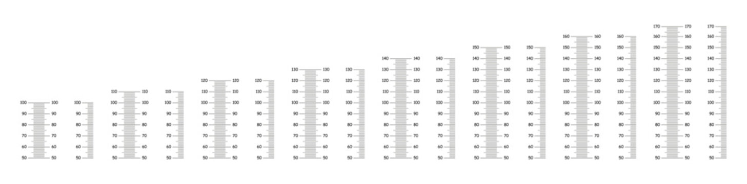 Stadiometer scale from 50 to 100, 110, 120, 130, 140, 150, 160, 170 centimeters. Height meter templates. Measuring scale layouts. Height chart growth sticker for wall. Black markup for ruler mockup. 