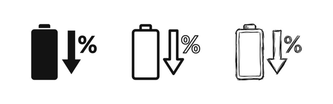 Low Battery Level Icon Set, Battery with Downward Arrow and Percent Sign, Energy Consumption Symbols
