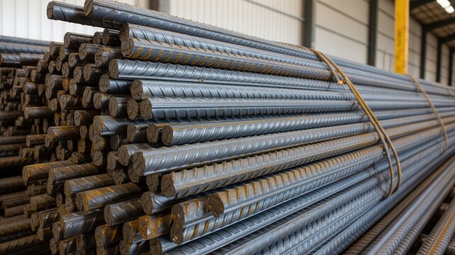 Stack of long steel rebar rods stored in a large industrial warehouse for building construction