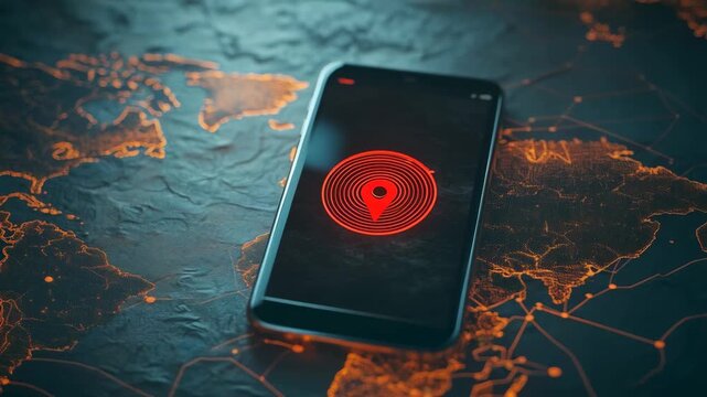 Smartphone location services visualizing global navigation expanding across digital world map, revealing interconnected geolocation technology in slow motion tracking sequence