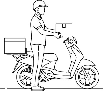 Delivery person holding package on scooter ready for shipment.